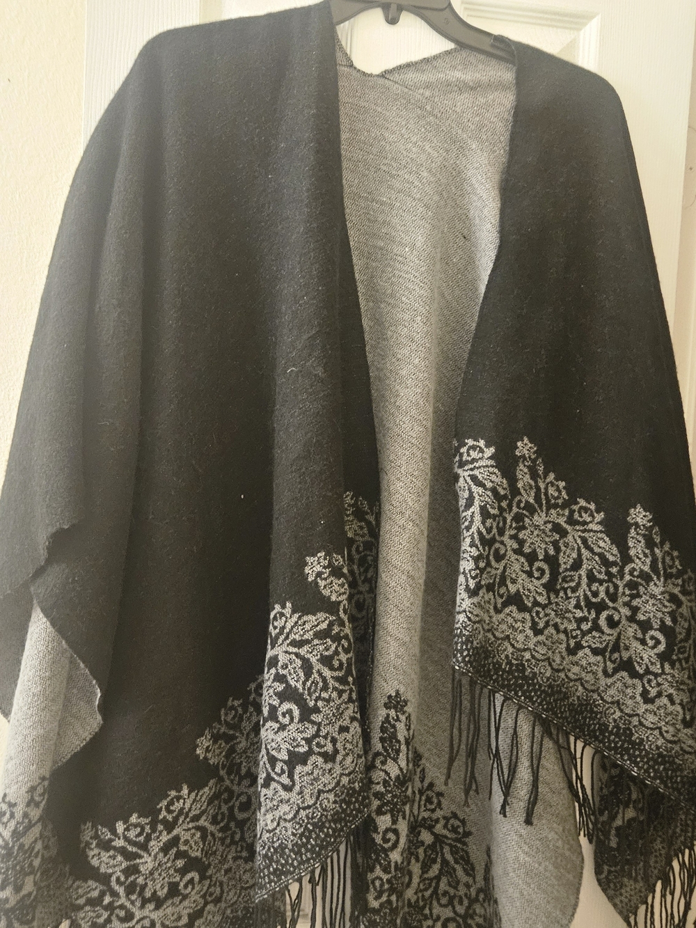 Black Grey Versatile Floral-Trim Open Shawl Poncho Cape with Boho Hippie Fringe - Picture 5 of 11